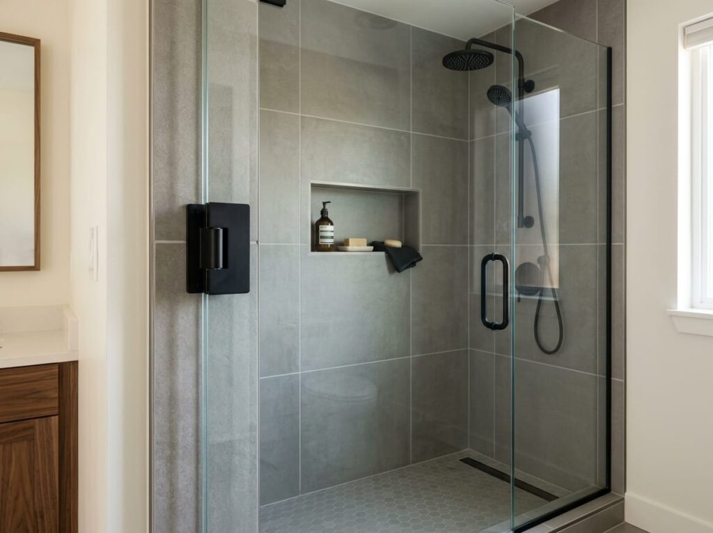 Frameless glass shower enclosure and tile surround