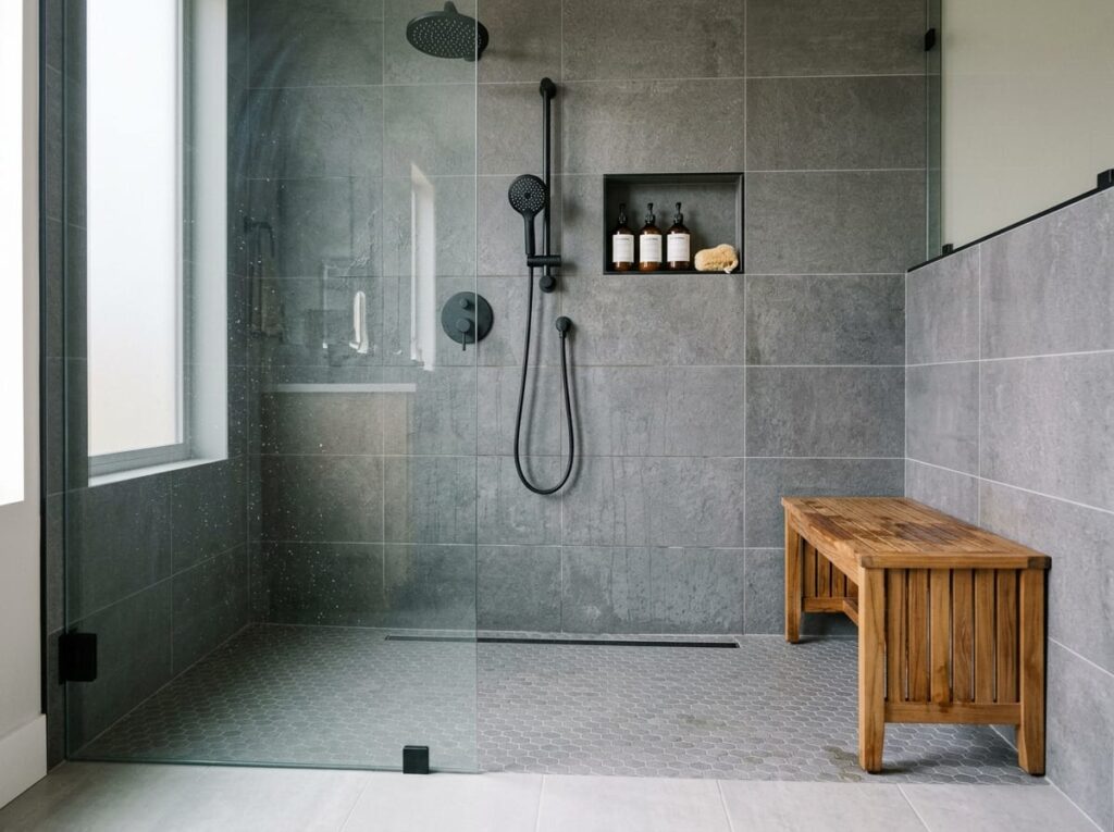 Walk-in shower niche and bench detail
