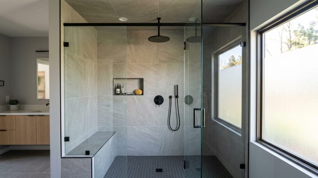 Walk-in glass shower with large-format tile in a Fort Collins bathroom remodel